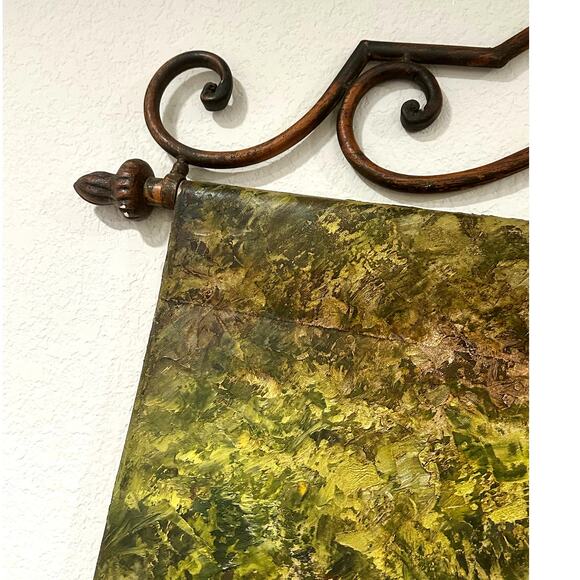 Wrought Iron Wall Hanging Hand Painted Oil Canvas Autumn Forest Scene 36” x 42” - Picture 3 of 11